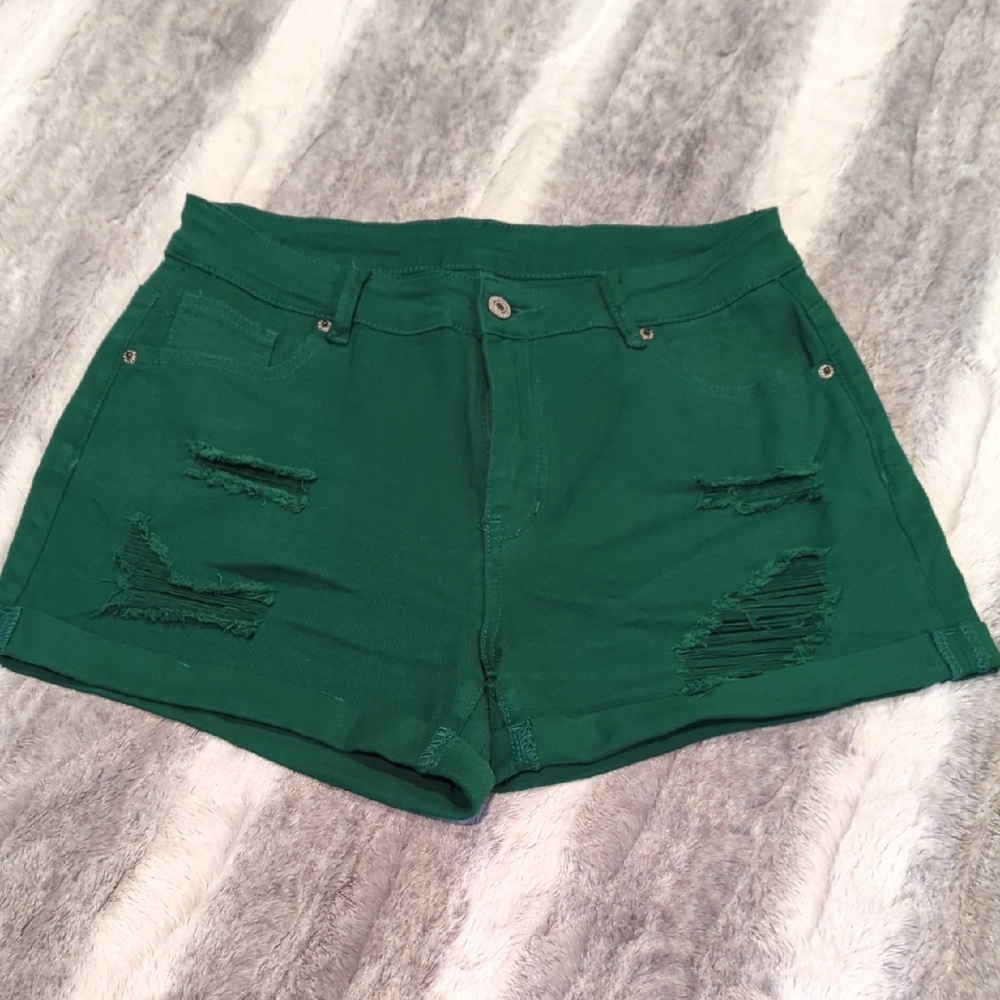 Green Distressed Women Shorts Size L